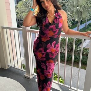 Floral Halter Neck Dress - Pink and Black